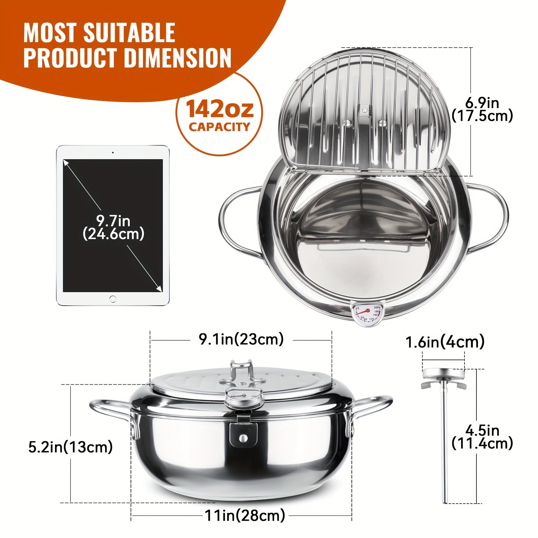 9.4" Stainless Steel Frying Pan with a Thermometer, Compatible with Both Gas Stove And Induction Cooker, Japanese-Style, Large Capacity, Precise Temperature Control, And Healthy Oil Drainage, Suitable for Frying Food in The Kitchen