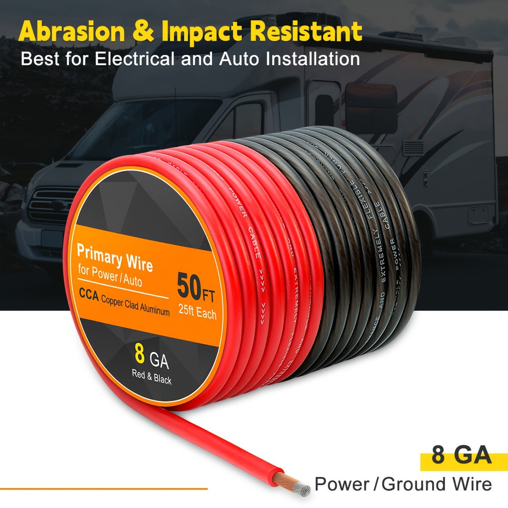 50 Feet of 8 Gauge CCA Wire, Consisting of 25 Feet in Black And 25 Feet in Red, Suitable for Automotive Applications, Car Audio Battery Connections, Power And Ground Wiring, Marine Use, Welding