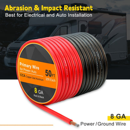 8 Gauge CCA Power Ground Wire Kit 50ft (25ft Red + 25ft Black), Car Audio Wiring for Amplifier Battery Connections Marine Welding – Flexible Anti-Oxidation Stranded Wire