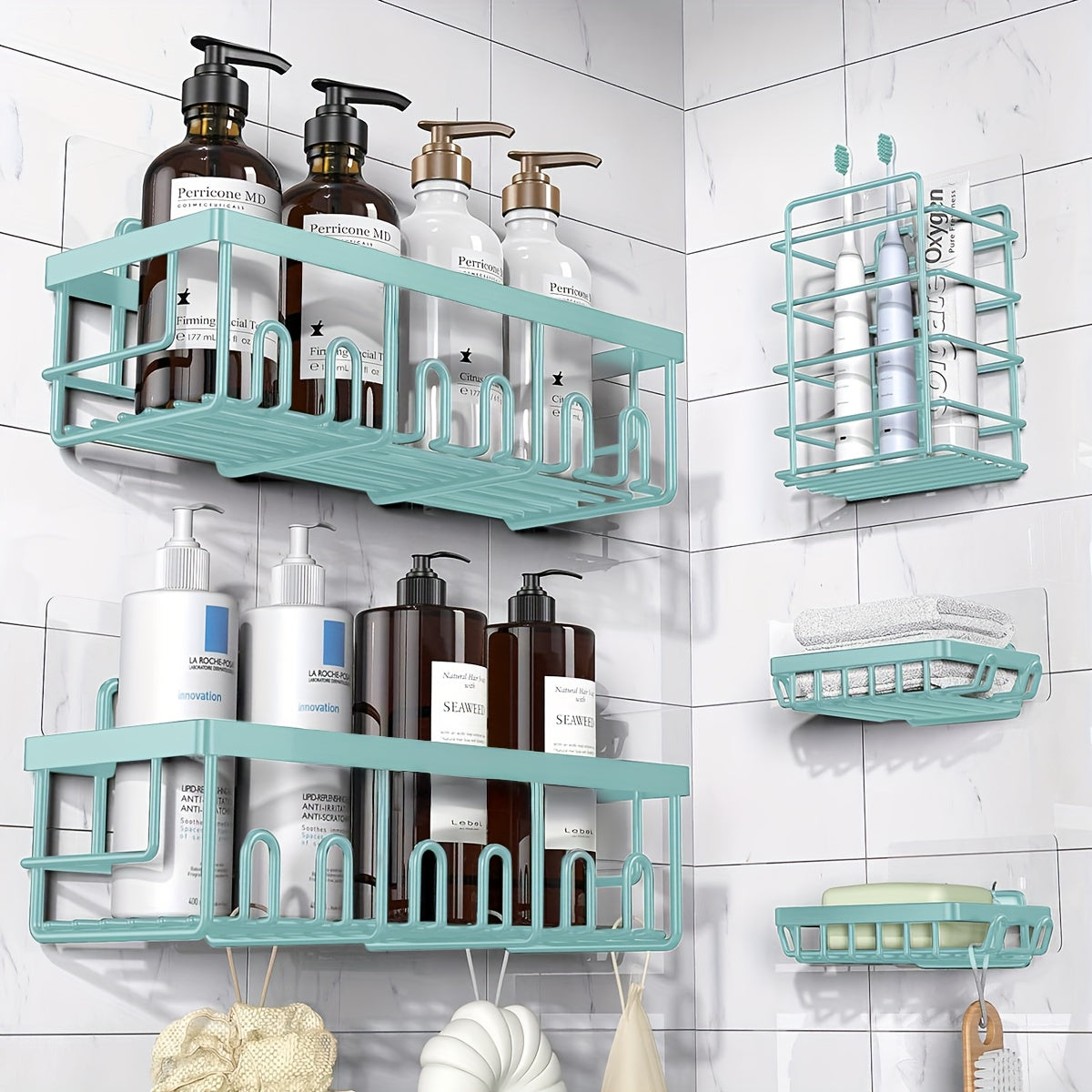 Adhesive Shower Caddy Organizer 5-Pack – No Drilling Rustproof Stainless Steel Shower Shelves with Soap Holder, Wall-Mounted Bathroom Storage Rack for Renters & Families