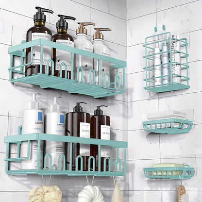 Adhesive Shower Caddy Organizer 5-Pack – No Drilling Rustproof Stainless Steel Shower Shelves with Soap Holder, Wall-Mounted Bathroom Storage Rack for Renters & Families
