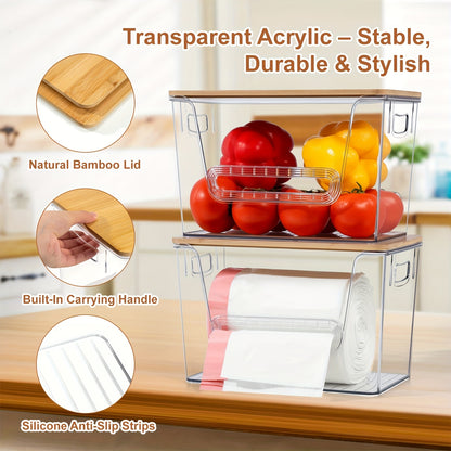 Clear Acrylic Stackable Trash Bag Dispenser with Bamboo Lid – Extra-Large Trash Bag Holder & Kitchen Organizer for Under-Sink, Laundry Room, Pantry & Cabinet Storage – 1, 2 or 4 Pack