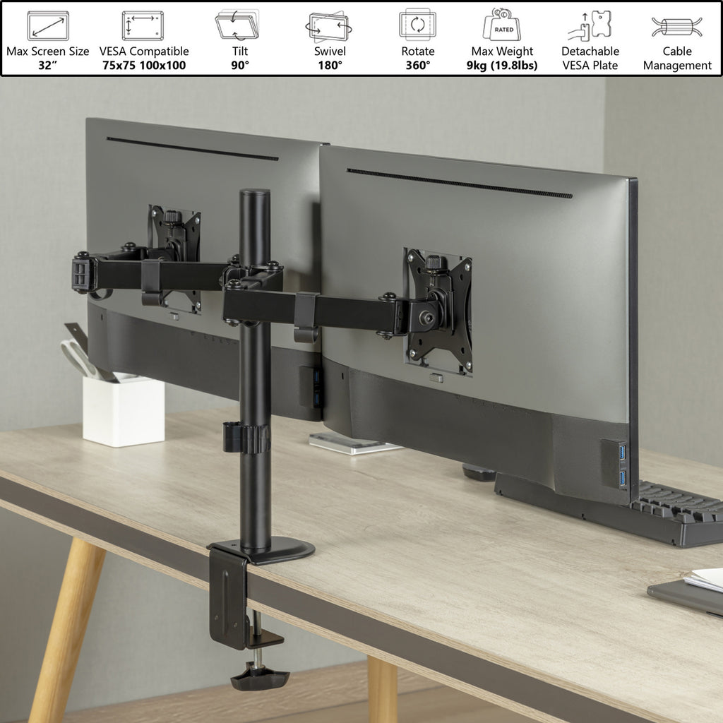 Dual Articulating Monitor Arm with Desk Clamp For 17"-32" Screens - Amer Mounts 2EZCLAMPMK