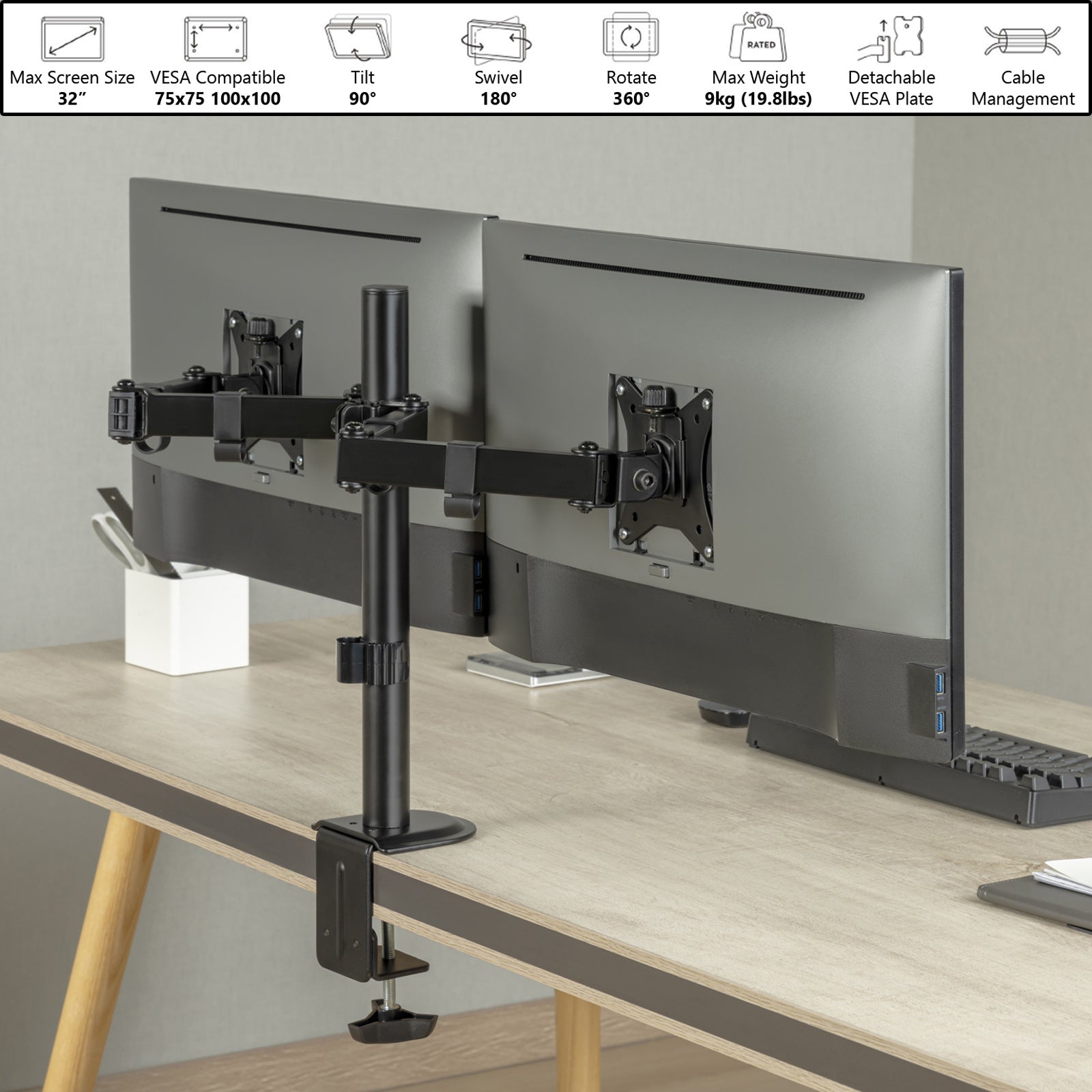 Dual Articulating Monitor Arm with Desk Clamp For 17"-32" Screens - Amer Mounts 2EZCLAMPMK