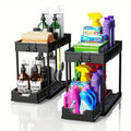 2 Pack Multi-Purpose Pull-Out Storage Organizers with Hooks, Under Sink Organizers And Storage for Bathroom And Kitchen, Under Cabinet Organizers And Storage, Space Saving Bottom Shelf, Black