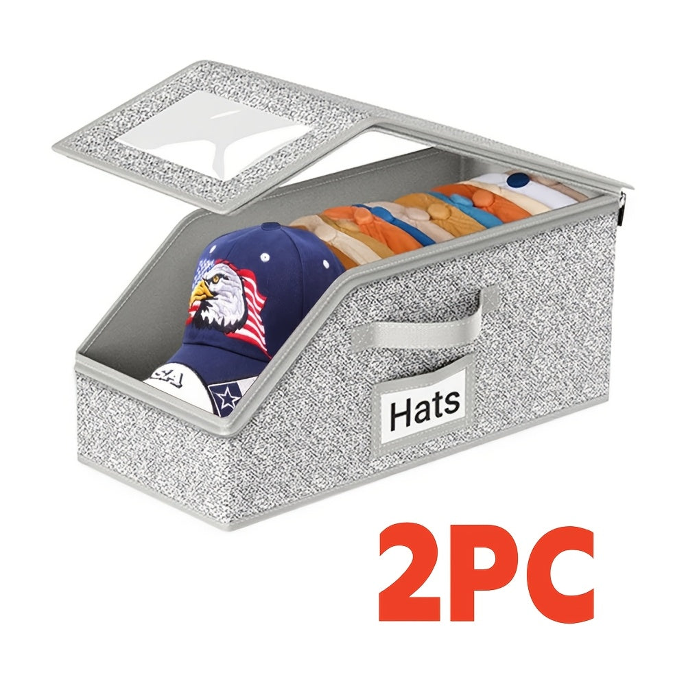 Stackable Baseball Cap Storage Box with Transparent Window – Sturdy Cardboard Hat Organizer Box for Caps, Underwear, Socks & Toys, Space-Saving Closet Storage for Men – Gray, 1 or 2 Pack