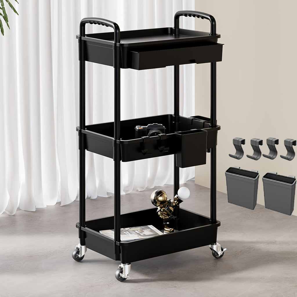Rolling Storage Cart with Drawers & Hooks – 3 or 4 Tier, Wheels, Kitchen & Bathroom