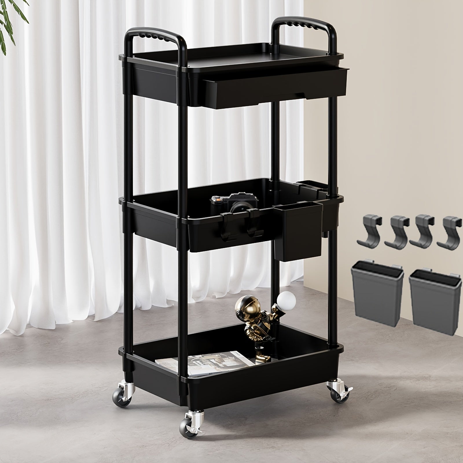 Rolling Storage Cart with Drawers & Hooks – 3 or 4 Tier, Wheels, Kitchen & Bathroom