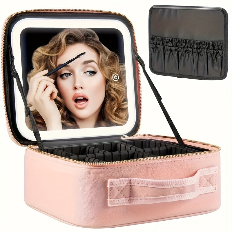 Makeup Bag With Mirror Of LED Lighted, Travel Makeup Train Case Cosmetic Bag Organizer With Mirror And Lights, Make Up Bag With Light Up Mirror Adjustable Divider Brush Board, Christmas Halloween Thanksgiving Gift