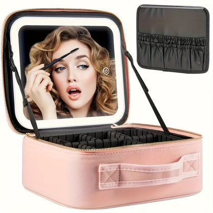 LED Lighted Makeup Bag with Mirror – Travel Cosmetic Train Case Organizer with 3-Tone Light, Adjustable Divider & Brush Board for Women – Perfect Christmas, Birthday & Holiday Gift