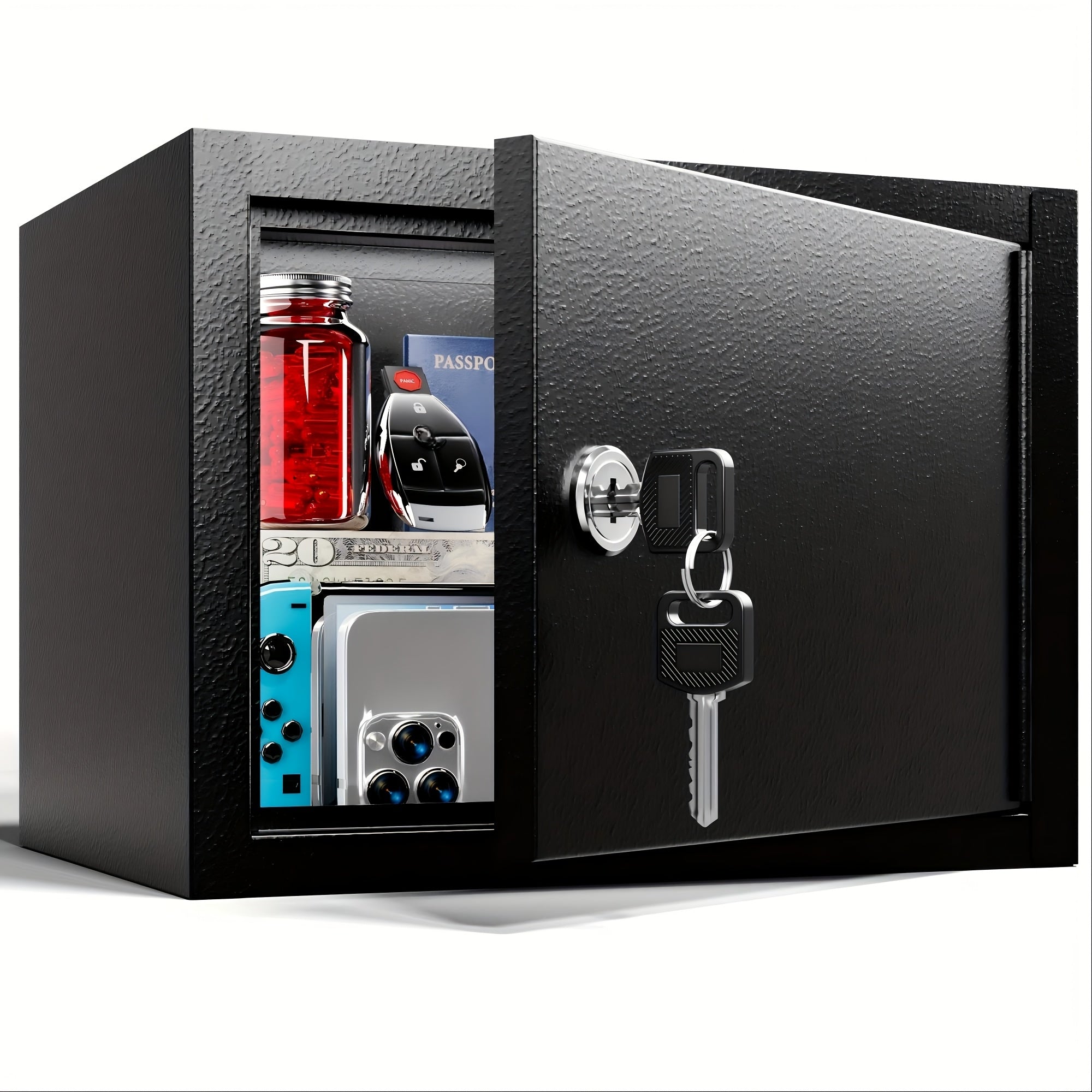 Mini Safe Box 3-in-1 Unlock (Electronic Password, Key & Passcode) – 0.23 Cu.Ft Compact Home Security Safe for Bedroom, Office & Bedside, Stores Cash, Jewellery & Passport