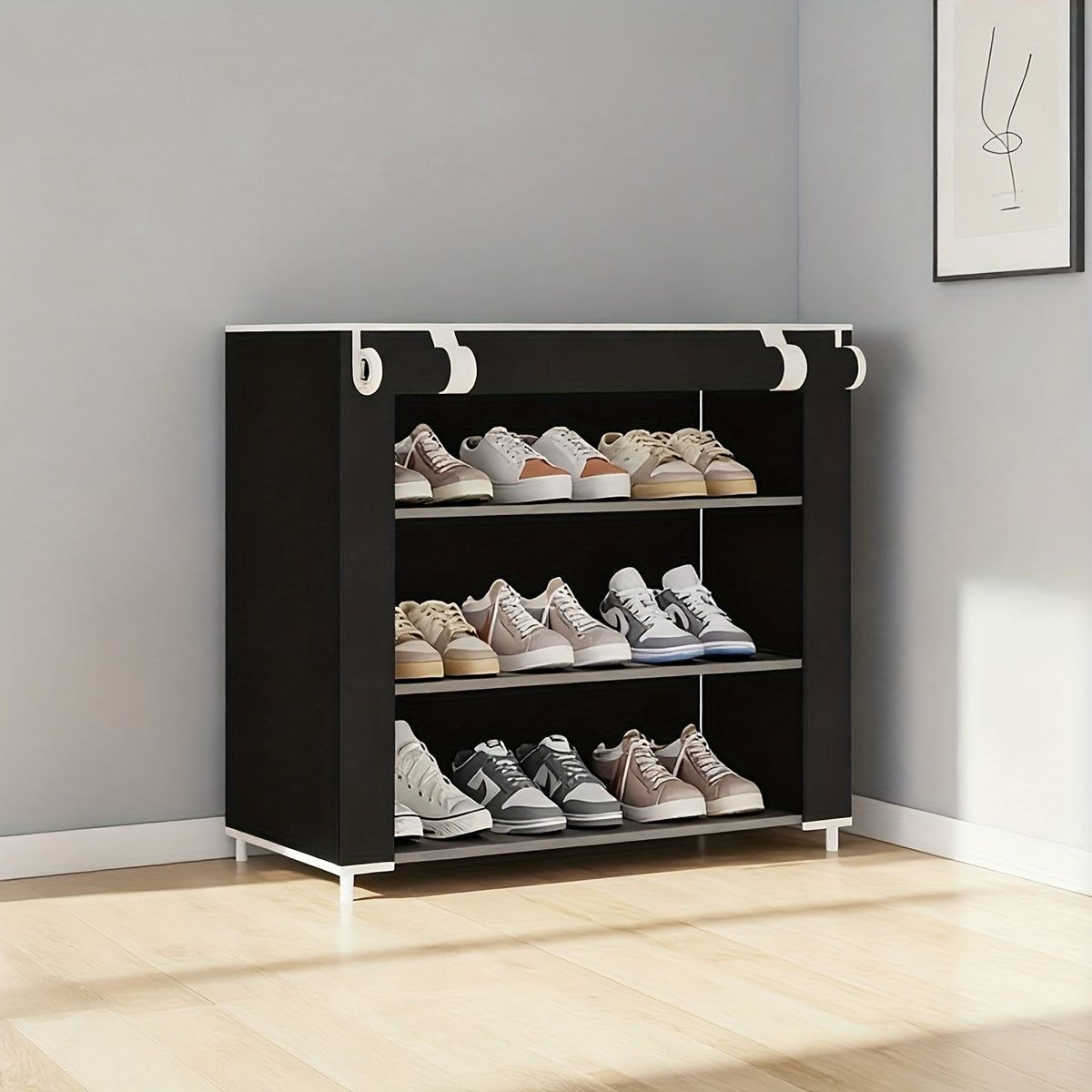 Portable Shoe Rack with Cover 3/9-Tier – Non-Woven Fabric Dustproof Shoe Shelf Organizer for Closet Hallway Bedroom & Entryway, Space-Saving Freestanding Shoe Storage – Grey & Black