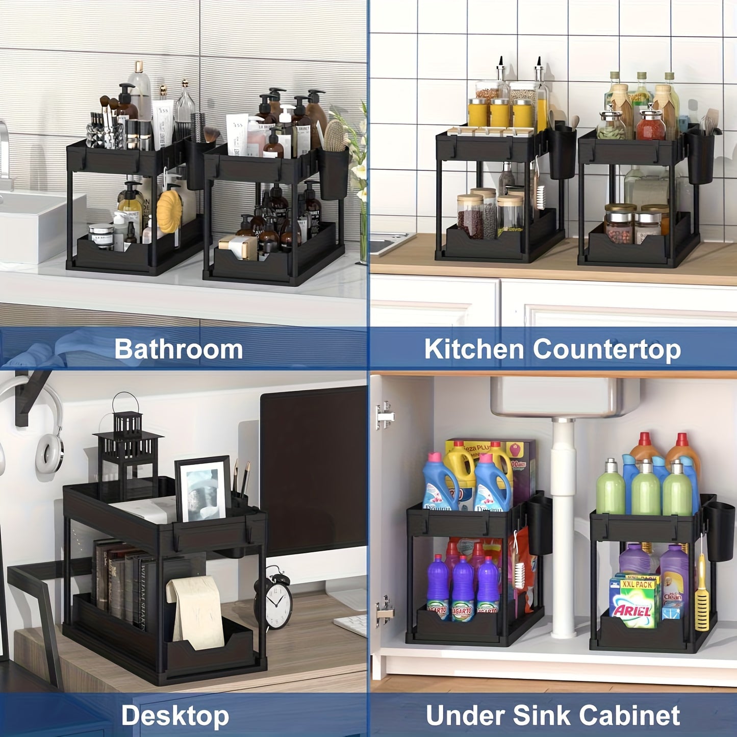 2-Layer Under-Sink Cabinet Organizer with Sliding Drawers, Hooks & Storage Cups – Bathroom & Kitchen Utility Rack, 1 or 2 Pack, Black & White | ShopVora CA