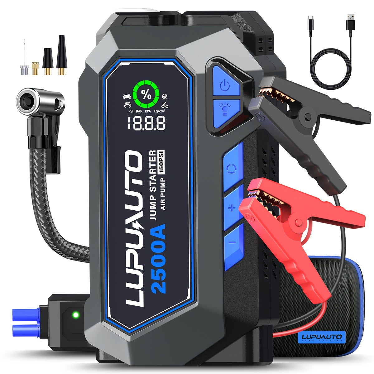 Car Jump Starter with Air Compressor 150PSI, 2500A Peak Battery Booster Pack & Tire Inflator, 12V Jump Box with USB Power Bank for Gas & Diesel Engines – Emergency Car Kit