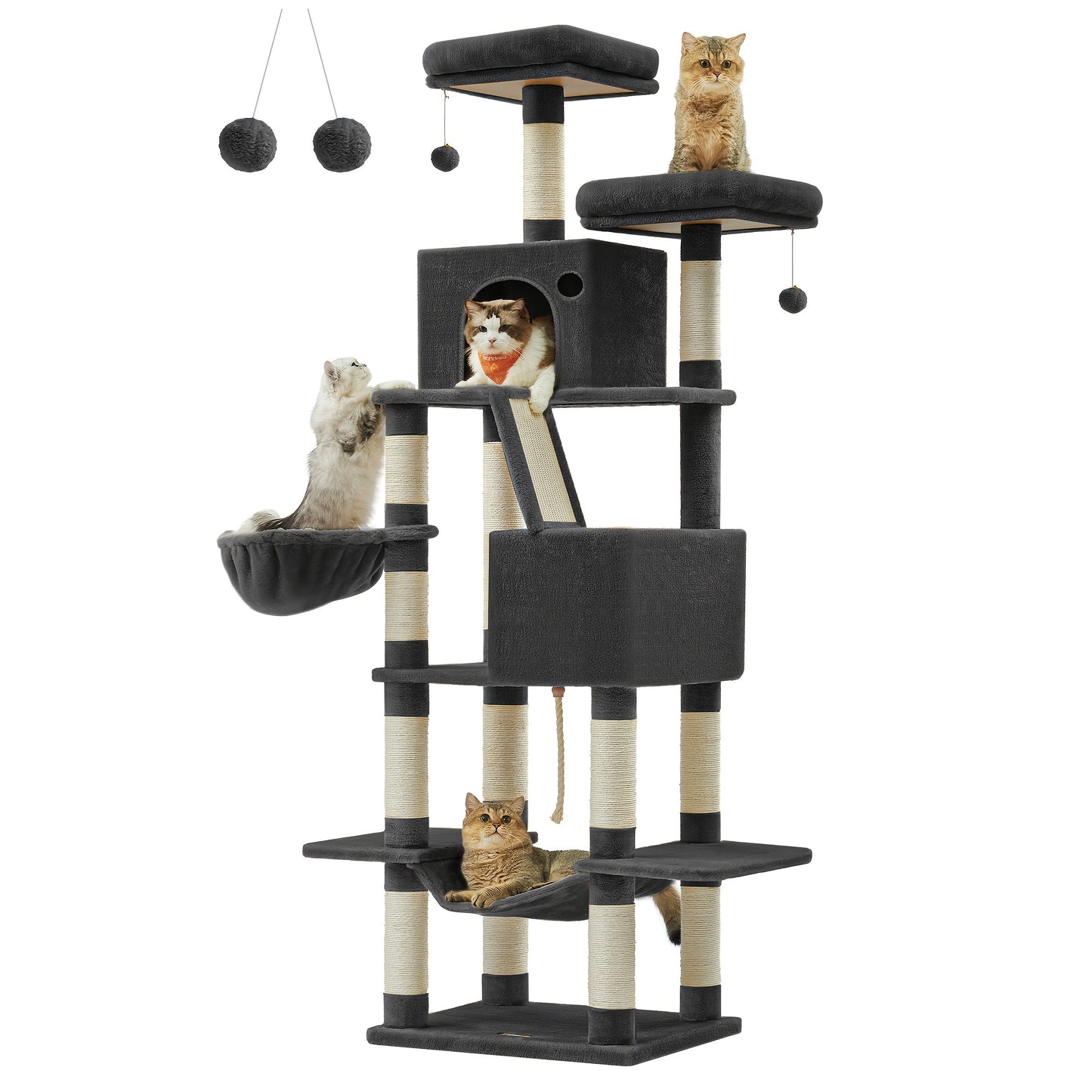 Cat Tree 81.1" 5-Level Plush Cat Condo – 13 Scratching Posts, 3 Caves, Hammock, Basket & Pompoms for Multi-Cat Indoor Households