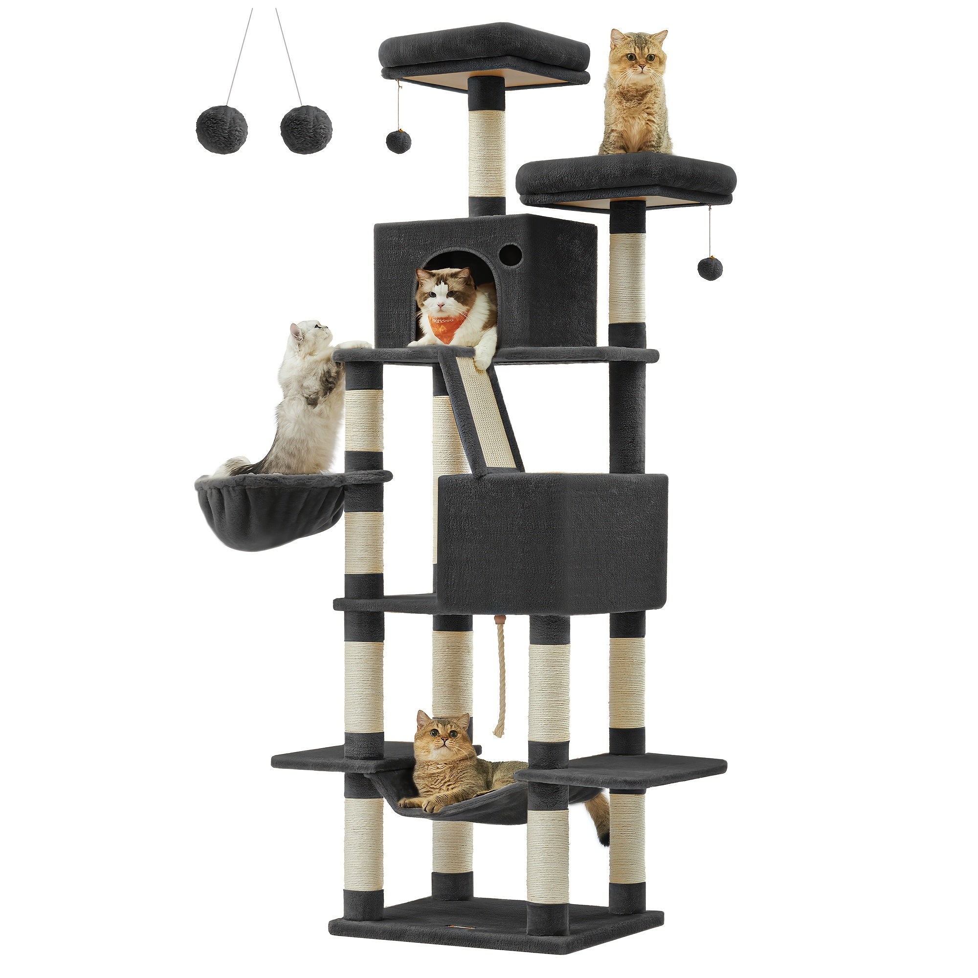 Cat Tree, 2 Perches, 81.1-Inch Large Cat Tower with 13 Scratching Posts, 3 Caves, Basket, Hammock, Pompoms, Multi-Level Plush Cat Condo for Indoor Cats