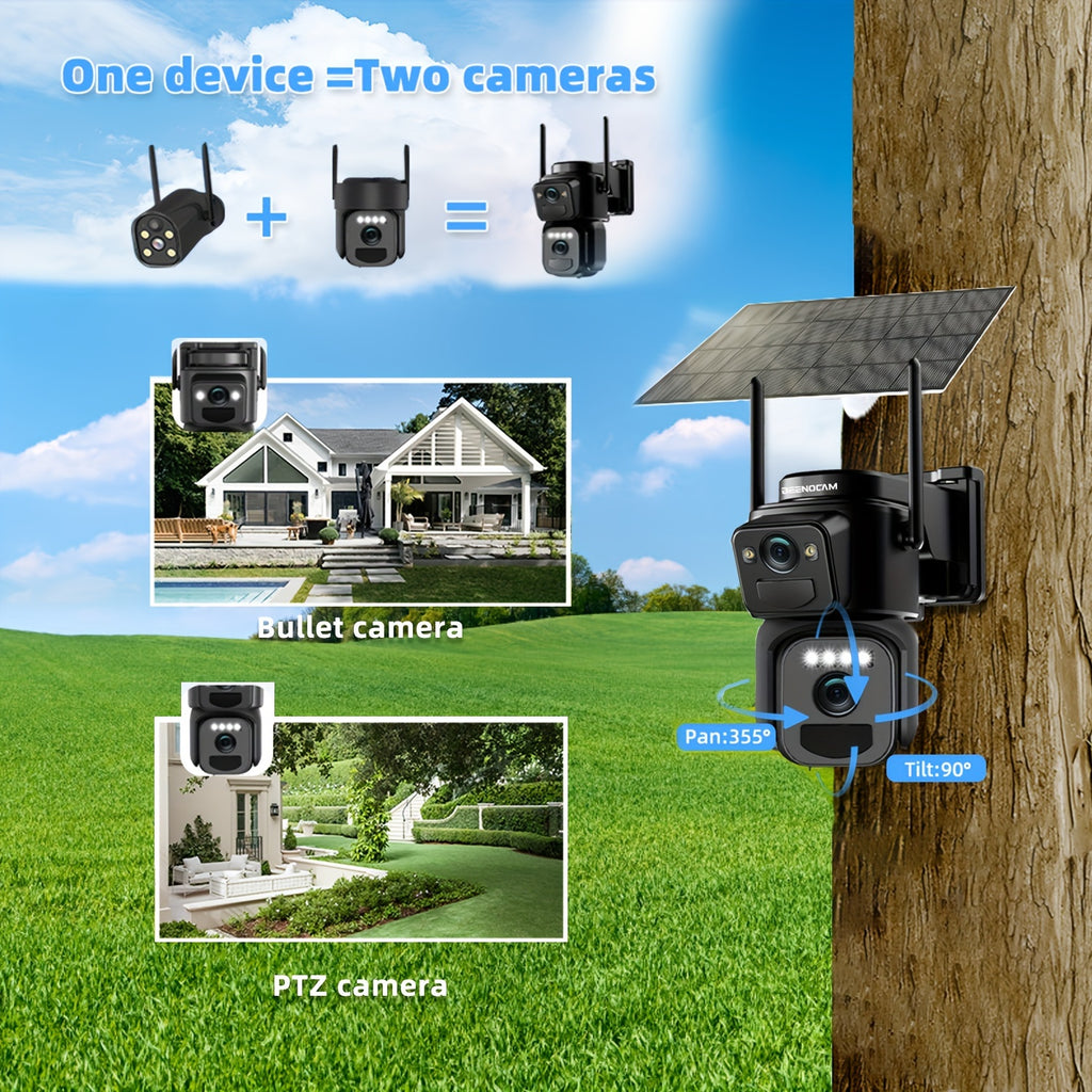 BEENOCAM [10x Zoom] 360° Low-Power CCTV Solar Panel Battery 2K QHD WiFi Camera with Spotlight Alarm, Motion Detection, Color Night Vision & Two-Way Audio – One Device = Two Cameras (Solar Bullet + PTZ)