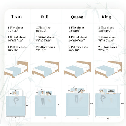 Bamboo Cooling Bed Sheets Set 4-Piece – Soft Lightweight Breathable Deep Pocket 16" Fitted Sheet for Hot Sleepers, Flat Sheet & 2 Pillowcases for Bedroom Kids Room