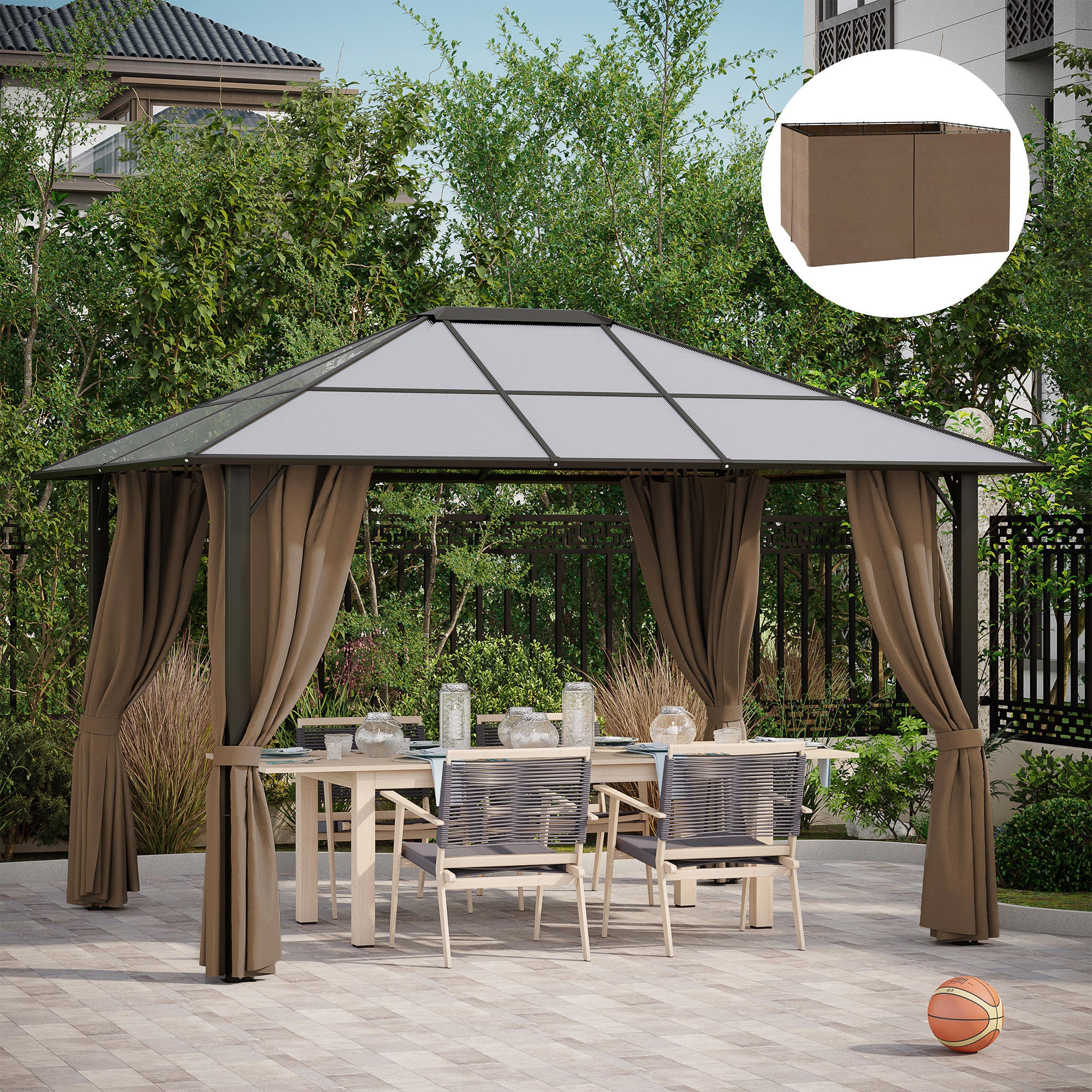 Gazebo Privacy Curtains 4-Panel with Zipper – Replacement Side Panels for 10’x12’ Gazebo or Pergola, Durable Polyester Fabric, Hooks & C-Rings Included, Wind & Sun Protection – Brown