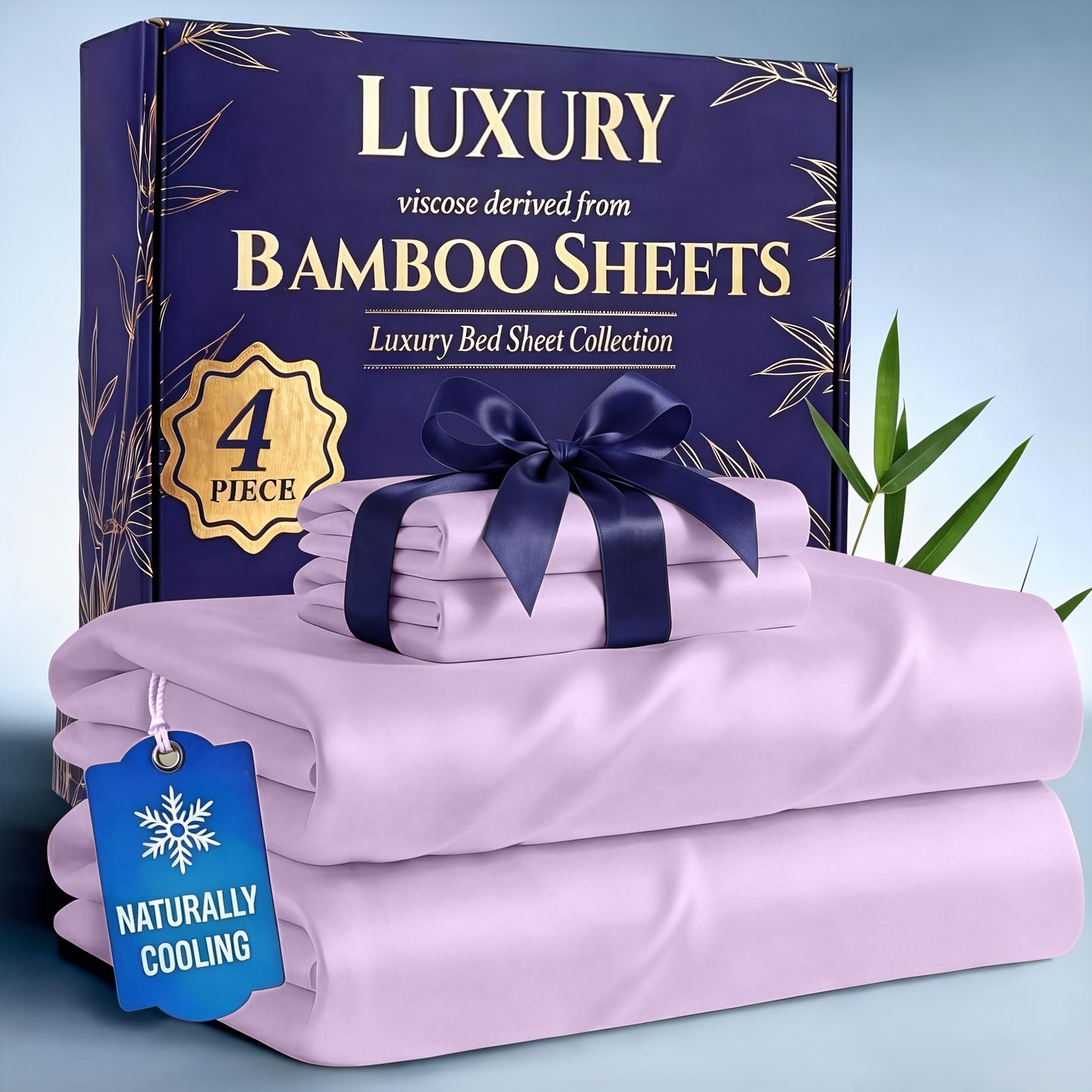 Bamboo Cooling Bed Sheets Set 4-Piece – Soft Lightweight Breathable Deep Pocket 16" Fitted Sheet for Hot Sleepers, Flat Sheet & 2 Pillowcases for Bedroom Kids Room