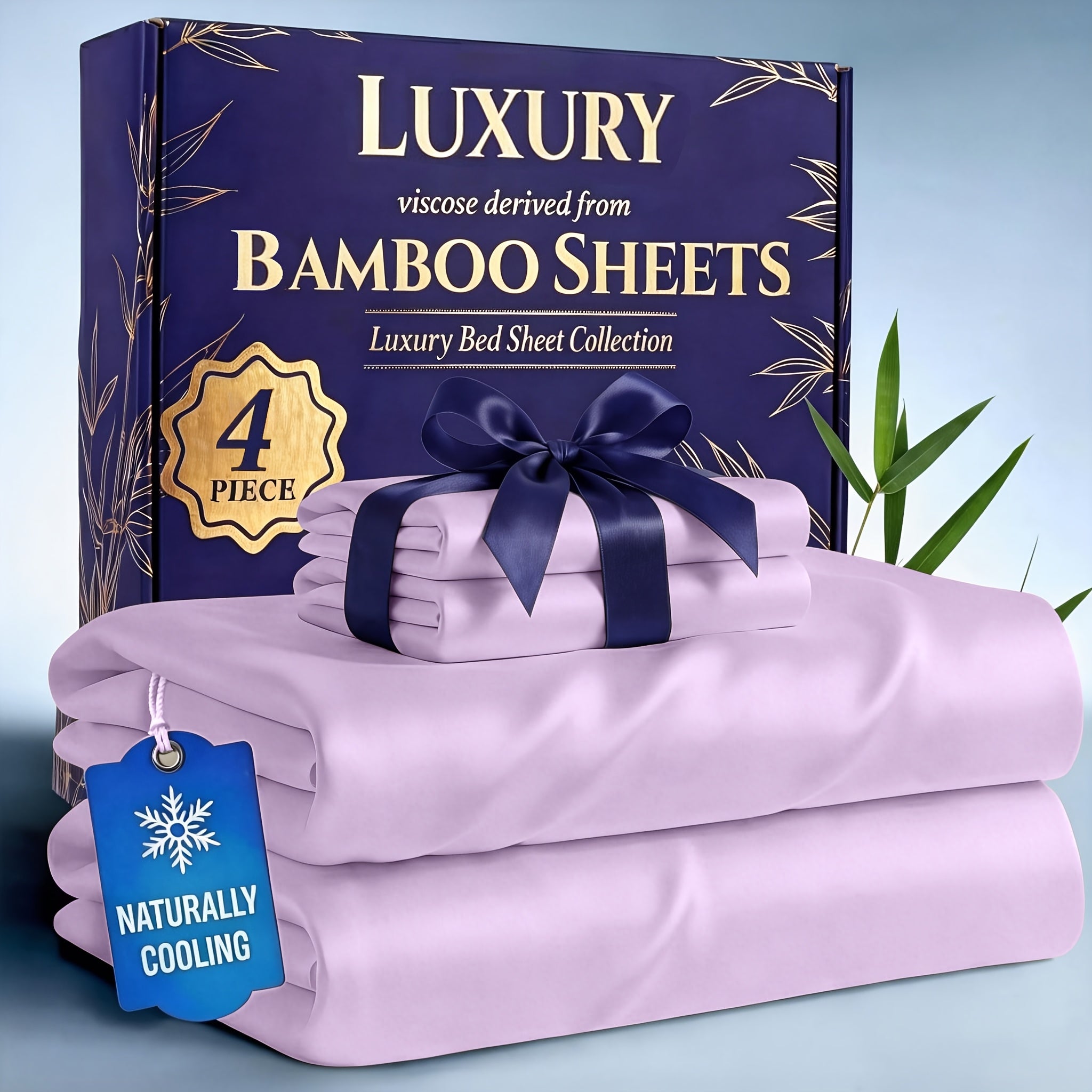 Bamboo Cooling Bed Sheets Set 4-Piece – Soft Lightweight Breathable Deep Pocket 16" Fitted Sheet for Hot Sleepers, Flat Sheet & 2 Pillowcases for Bedroom Kids Room