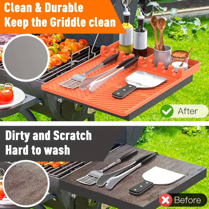 Silicone Grill Mat & Spatula Pad – Heat-Resistant Non-Slip Utensil Holder with Drip Tray for Blackstone Griddle, Outdoor BBQ & Kitchen Counter, 16x11.5", Dishwasher Safe, Orange, 1-Pack 2-Pack