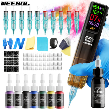 Wireless Rotary Tattoo Machine Complete Kit - 1500mAh Battery Tattoo Pen Gun with Cartridge Needles & Ink, Full Tattoo Supply Equipment for Beginners & Artists - Body Art Gift Set