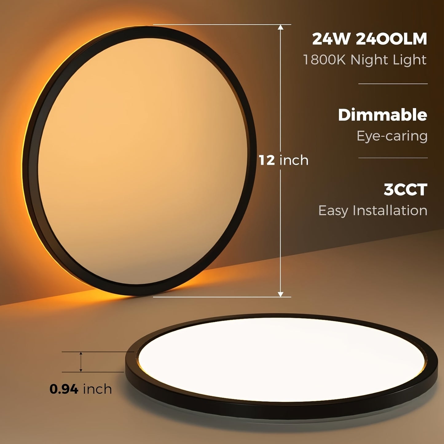 LED Flush Mount Ceiling Light 12 Inch with Remote Control – Dimmable 10-100%, 3-Colour Temperatures 3000K-6500K + 1800K Night Light | Low Profile Eye-Care Flicker-Free for Bedroom Kitchen Hallway, Black