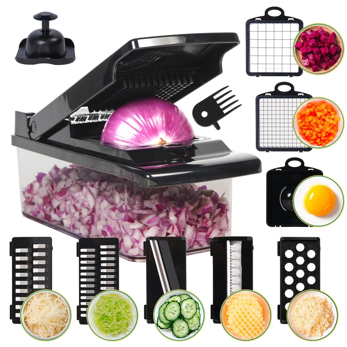Professional Onion Chopper 16-in-1 Vegetable Slicer Dicer Multifunctional Food Chopper with 8 Blades & Container, Kitchen Carrot Potato Cutter Tool for Meal Prep, Gray Black