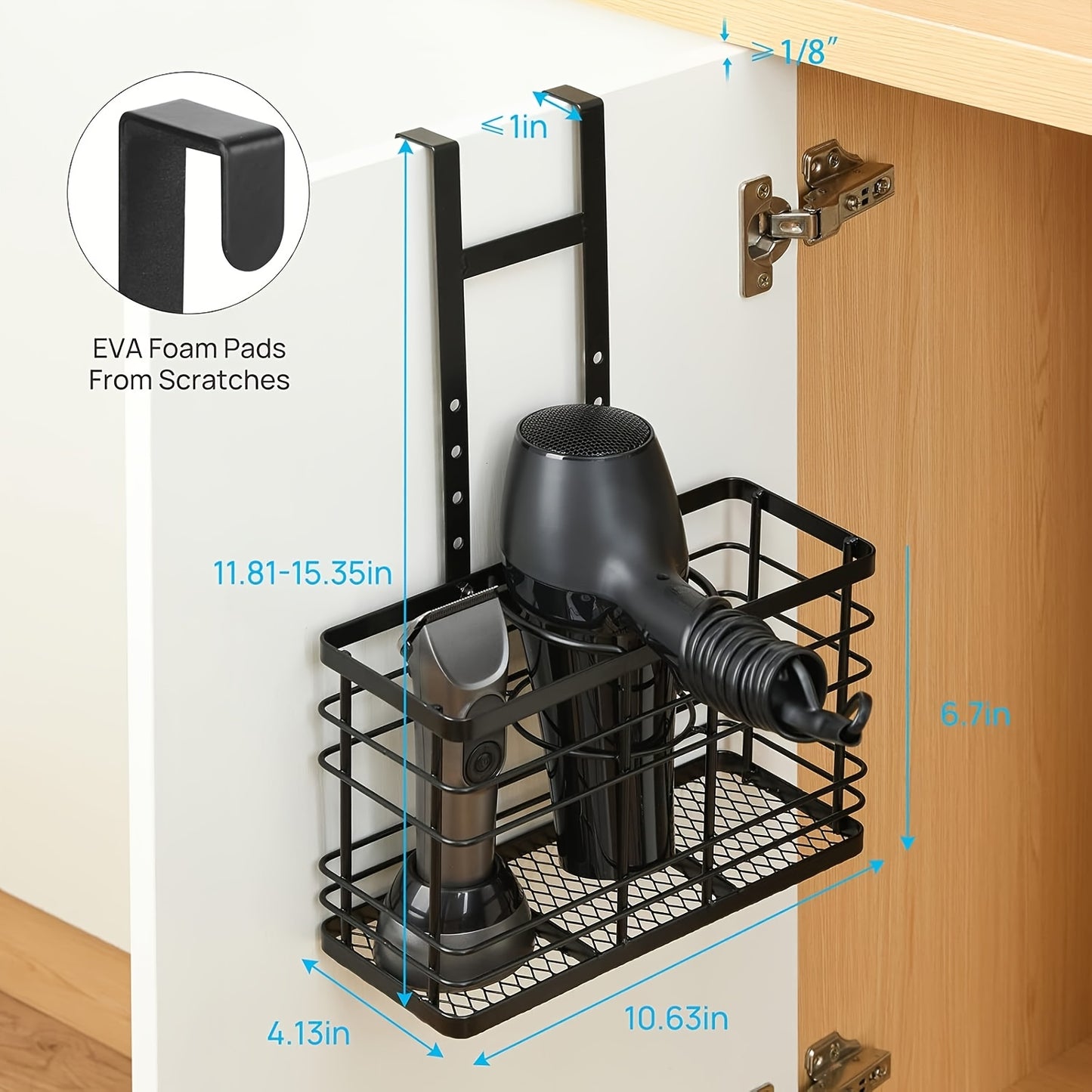 Wall-Mounted Hair Dryer Holder 3-in-1 Bathroom Organizer – Over Door & Wall Mount, Adjustable Height, Holds Dryer Curling Iron Straightener, Black
