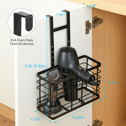 Wall-Mounted Hair Dryer Holder 3-in-1 Bathroom Organizer – Over Door & Wall Mount, Adjustable Height, Holds Dryer Curling Iron Straightener, Black