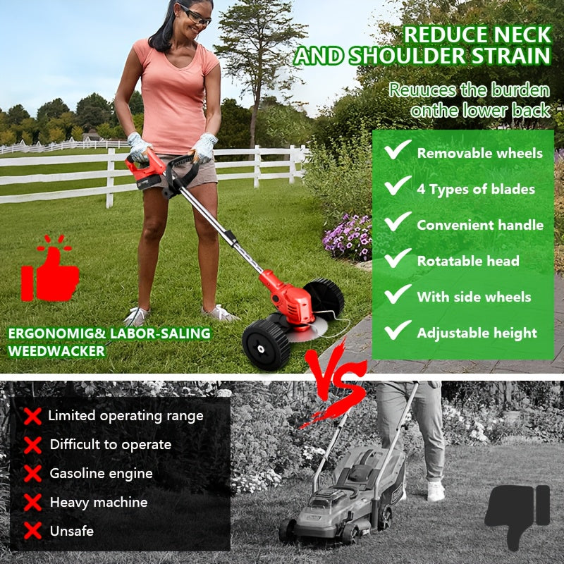 3-in-1 Cordless String Trimmer Lawn Mower & Brush Cutter with Dual Battery, Multiple Blade Types & Wheeled Design – Lightweight Electric Weed Eater for Lawn, Garden & Yard Trimming, Great Father's Day Gift