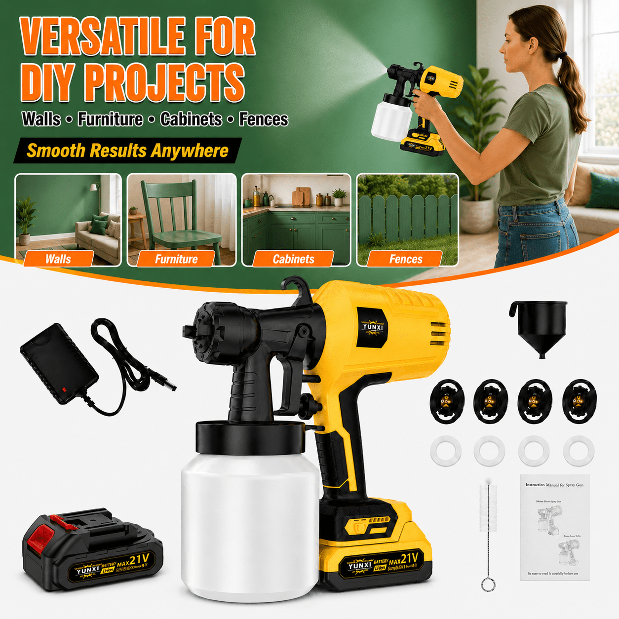 Cordless Paint Sprayer with Rechargeable Battery, High-Pressure Electric Spray Gun for Furniture, Cabinets, Fences, Walls & Doors, Variable Flow DIY Paint Sprayer for Home Renovation