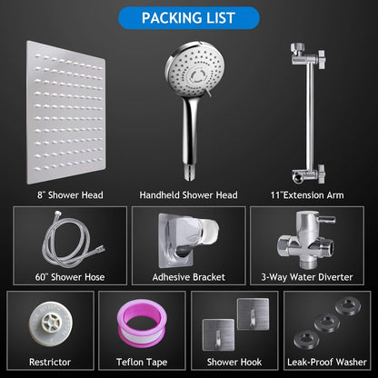 Rainfall Shower Head Combo High Pressure – 11'' Extension Arm, 9 Spray Settings, 180° Adjustable, Anti-Leak Silicone Nozzles, Stainless Steel Hose | Handheld Shower Set in Chrome & Matte Black