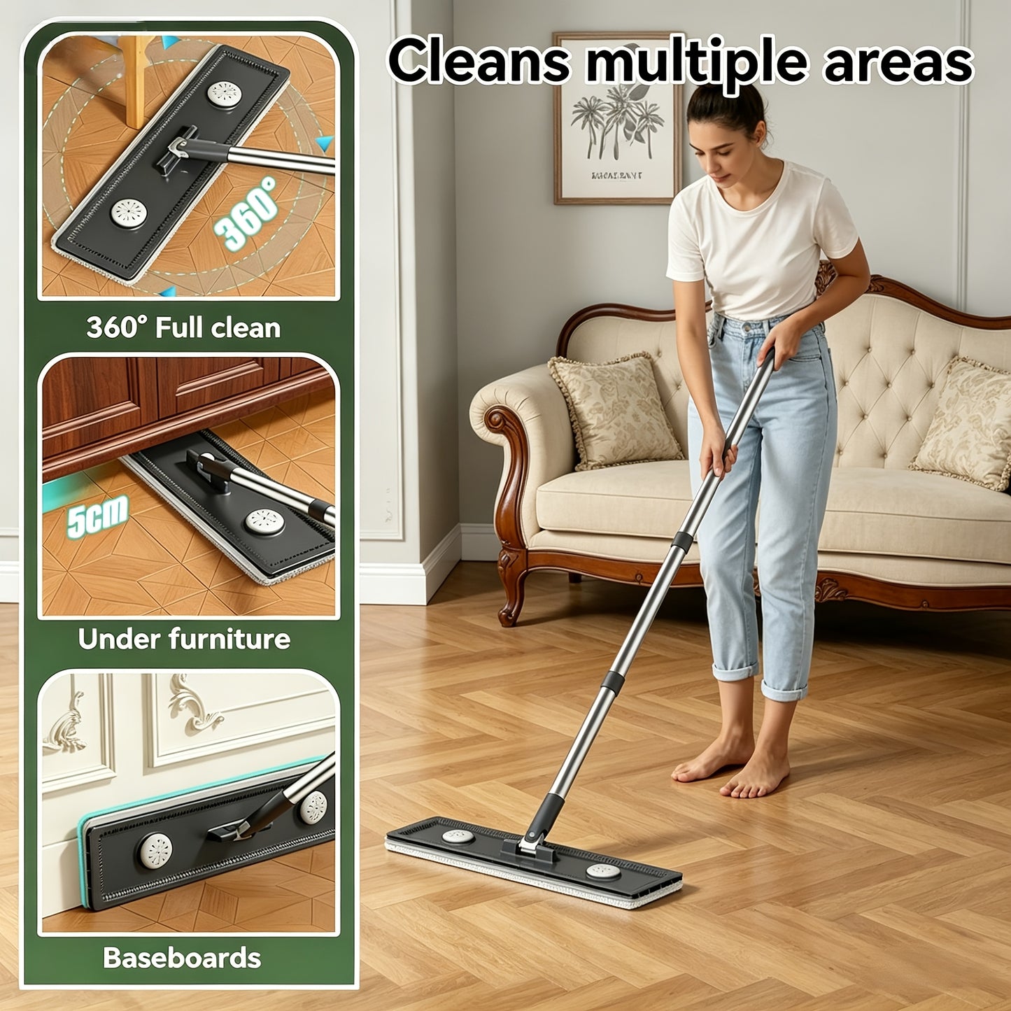Compact Flat Mop and Bucket Set with Wringer – Hands-Free 360° Rotating Mop Head, 7 Washable Microfiber Pads, Wet Dry Mop for Apartment Hardwood Tile Floor & Walls
