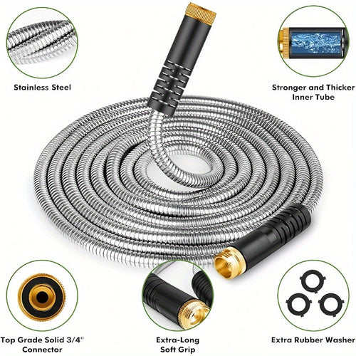304 Stainless Steel Metal Garden Hose – Flexible Kink-Free Leakproof Water Hose with 10-Function Spray Nozzle & Brass Connectors, Corrosion & UV Resistant, Lightweight for Lawn Farm Construction – 25ft 50ft 75ft 100ft