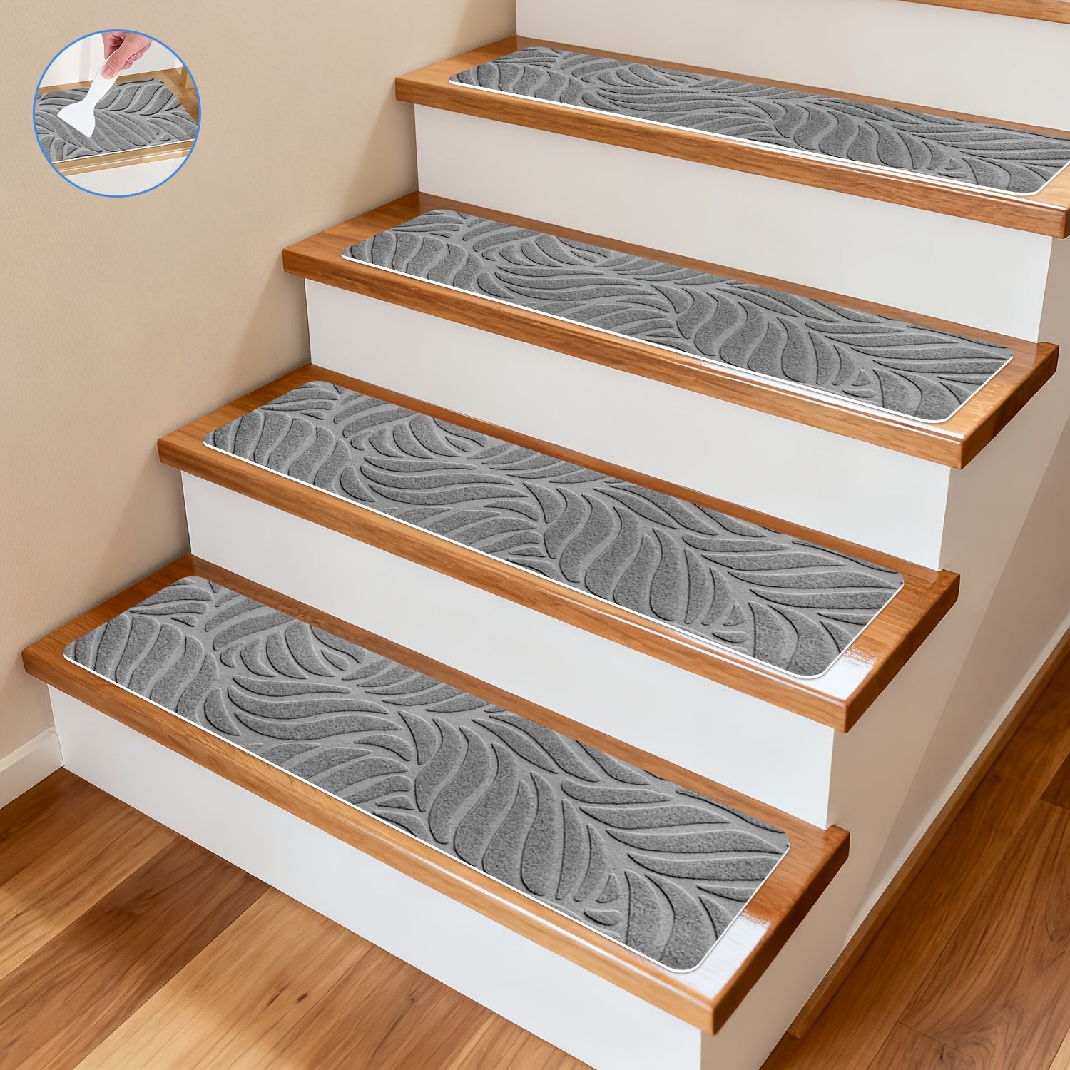 Anti-Slip Self-Adhesive Stair Treads – 3D Embossed, 30x8 Inch, 7/15-Piece Set, Indoor & Outdoor Stair Mats for Pets & Seniors, No-Tool Install, Scratch Resistant, Cut-to-Fit Design