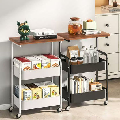 Slim Wooden Top Rolling Storage Cart 3-Tier with Mesh Baskets - Powder-Coated Metal Frame, Wheels, Space-Saving Design for Kitchen Office Bathroom, Black or White Canada
