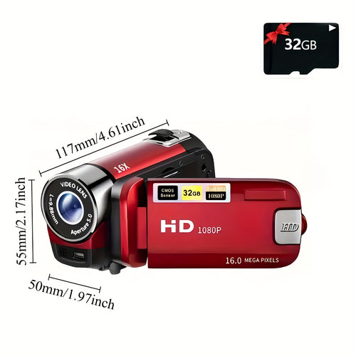 1080P Full HD Digital Camera with 270° Rotating Flip Screen, 32GB Memory Card Included, 16x Zoom, Wide Angle Lens, Portable Vlogging Camera for Travel, Outdoor & Party Recording