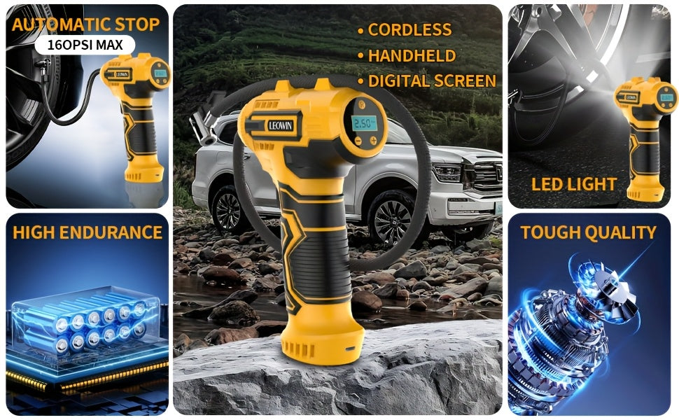 Tire Inflator Portable Air Compressor 150PSI – Cordless Auto-Shutoff Handheld Pump, Digital Pressure Gauge, LED Light, Rechargeable – Cars Motorcycles Bikes Balls Canada