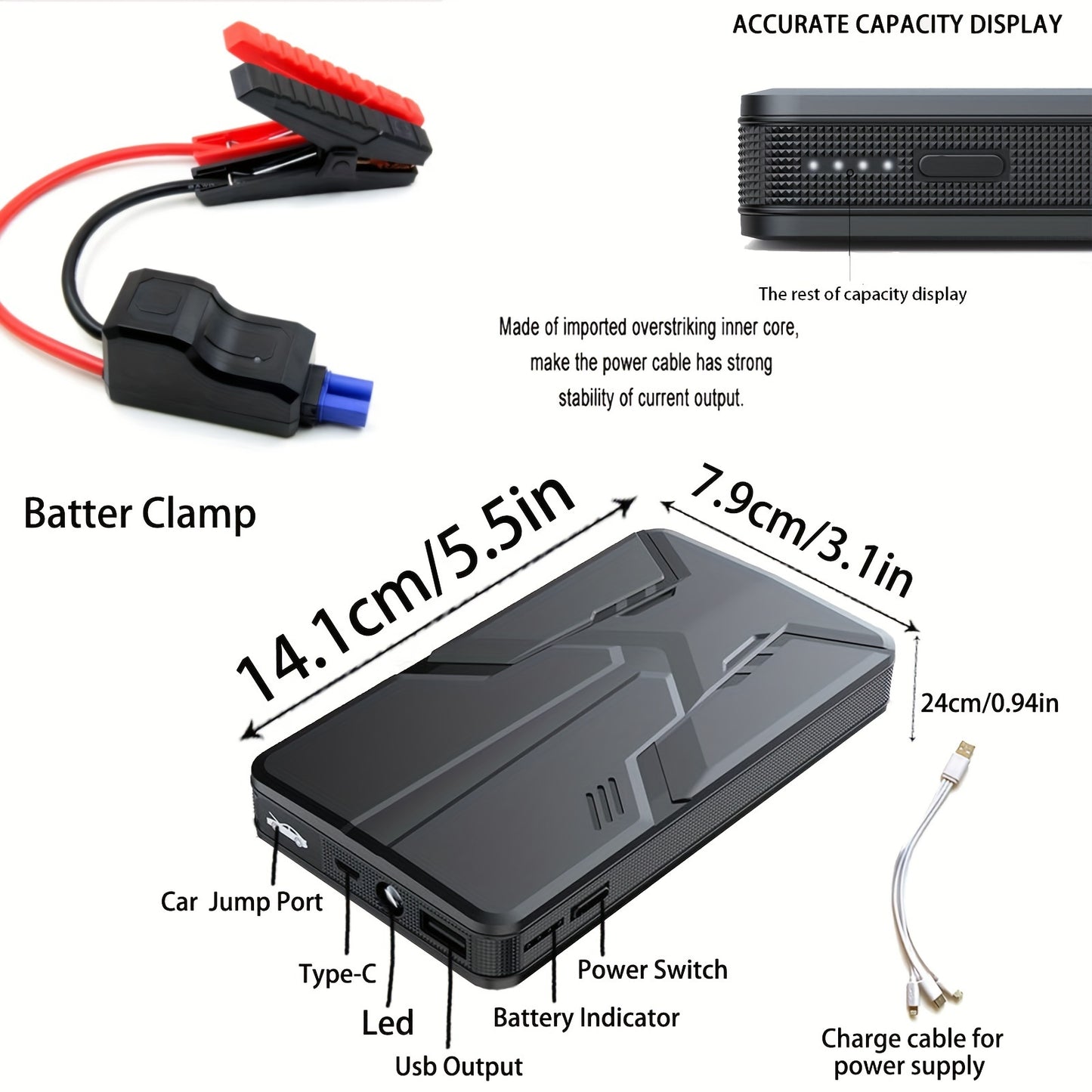 Portable Car Jump Starter 30000mAh – 12V Emergency Battery Booster for Gas & Diesel Engines, Spark-Proof Smart Clamps, USB Power Bank, LED Flashlight – Car Emergency Kit Canada