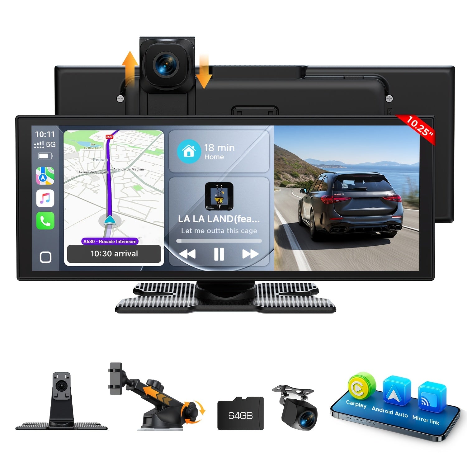 Lamtto 10.26" Wireless Carplay Screen for Car Front 2.5K And Rear 1080P Dash Cam, Portable Screen Compatible for Apple Carplay And Android Auto, Mirror Link, GPS Navigation, Voice Assistant, Wireless, 64GB TF Card for All Vehicles, Without Battery