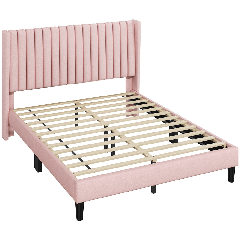 ALDEN DESIGN Bed Frame, Upholstered Bed Frame with Wing Side, Fabric Upholstered Bed with Headboard, Platform Bed Frame with Channel Tufted Headboard, Mattress Foundation with Wood Slat Support, No Box Spring Needed,King/Queen/Full, Ivory/Dark Gray/Black/