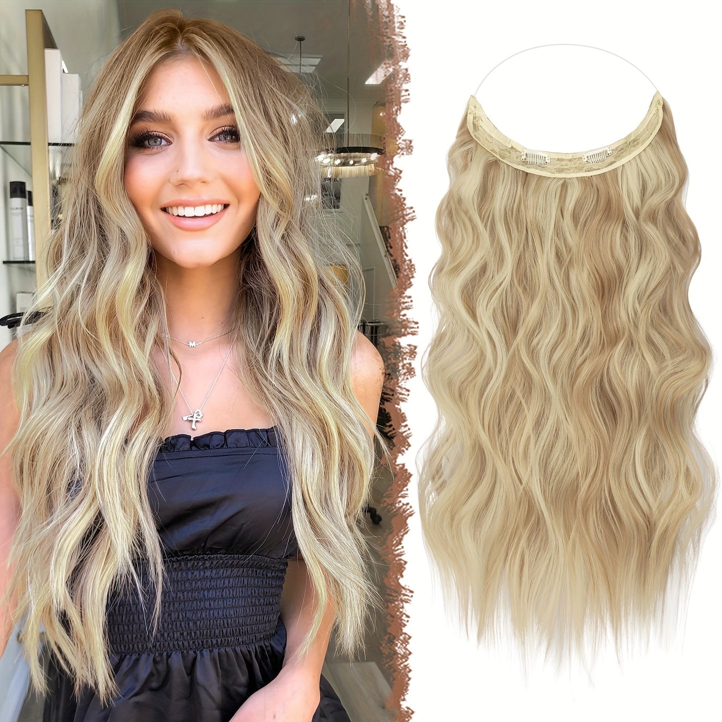 Invisible Wire Hair Extensions 20 Inch – Transparent Wire Long Wavy Synthetic Hairpiece with Secret Headband & Clips for Women, Dark Ash Blonde Mixed Bleach Blonde