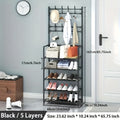 5-Tier Shoe Rack with Clothes Hanger & 8 Double Hooks 172cm – Multi-Functional Entryway Storage Rack for Living Room Bathroom Hallway, Self-Assembly