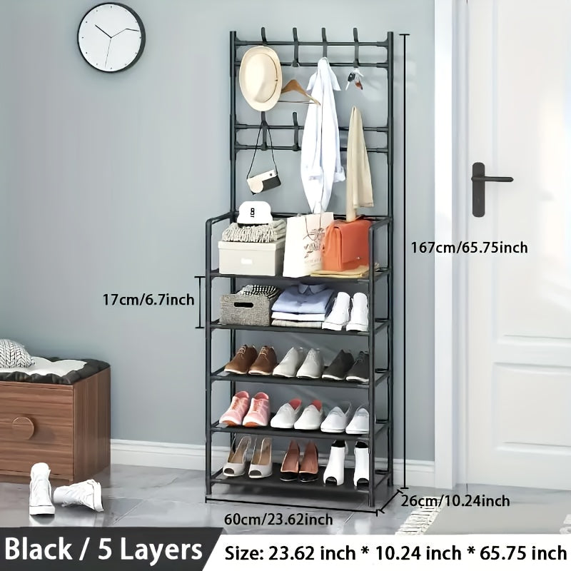 5-Tier Shoe Rack with Clothes Hanger & 8 Double Hooks 172cm – Multi-Functional Entryway Storage Rack for Living Room Bathroom Hallway, Self-Assembly