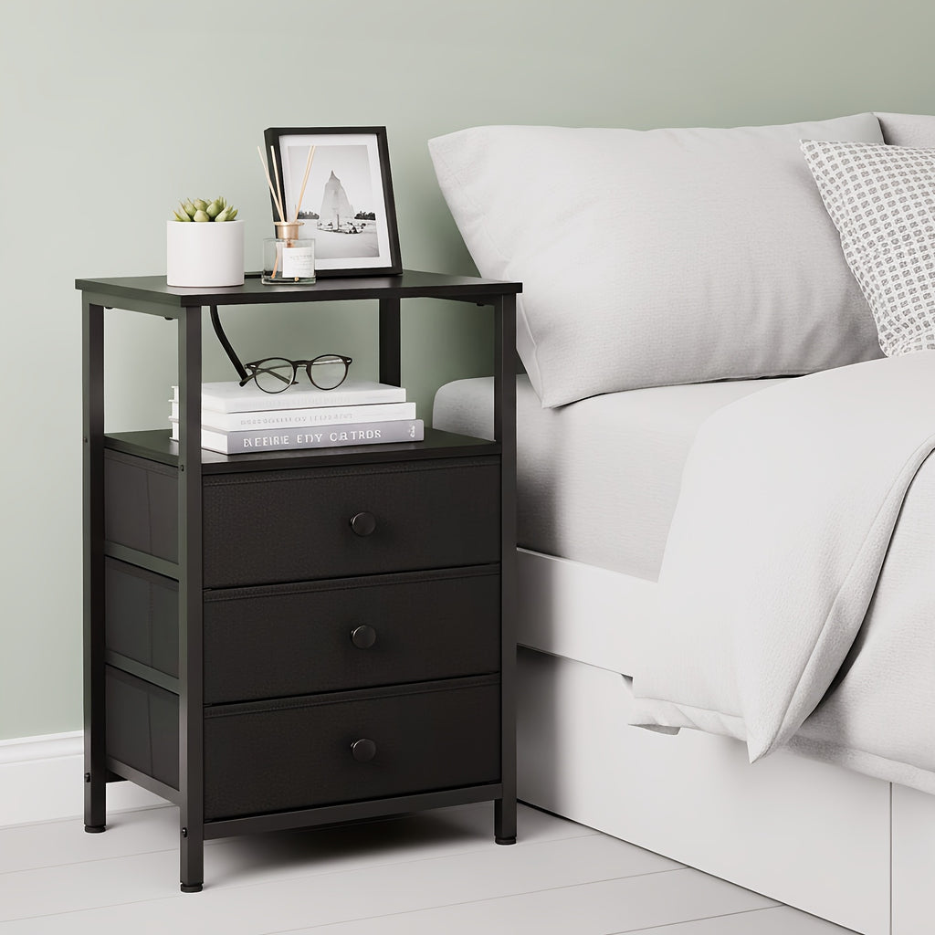 AMHANCIBLE Nightstands 1/2pcs, Modern Night Stand with 3 Fabric Storage Drawers, with Charging Station, Suitable for Living Room And Bedroom, Spring