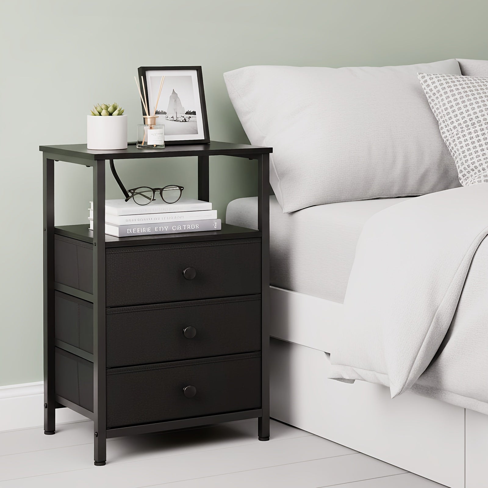 AMHANCIBLE Nightstands 1/2pcs, Modern Night Stand with 3 Fabric Storage Drawers, with Charging Station, Suitable for Living Room And Bedroom, Spring