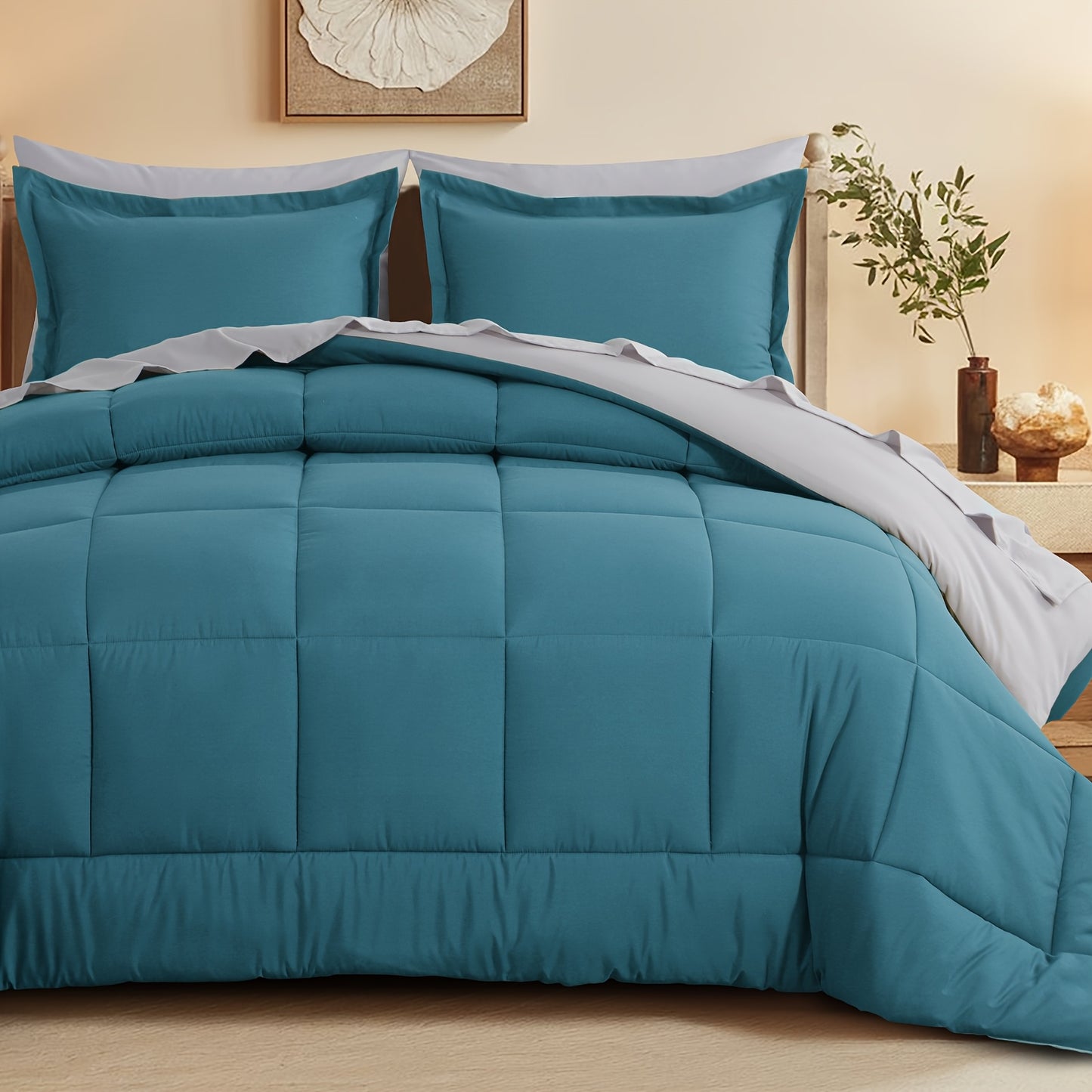 7pcs Reversible Bedding Set Soft Microfiber – Lightweight Breathable Comforter Flat Sheet Fitted Sheet & Pillowcases, All-Season Family Bedding Gift Set