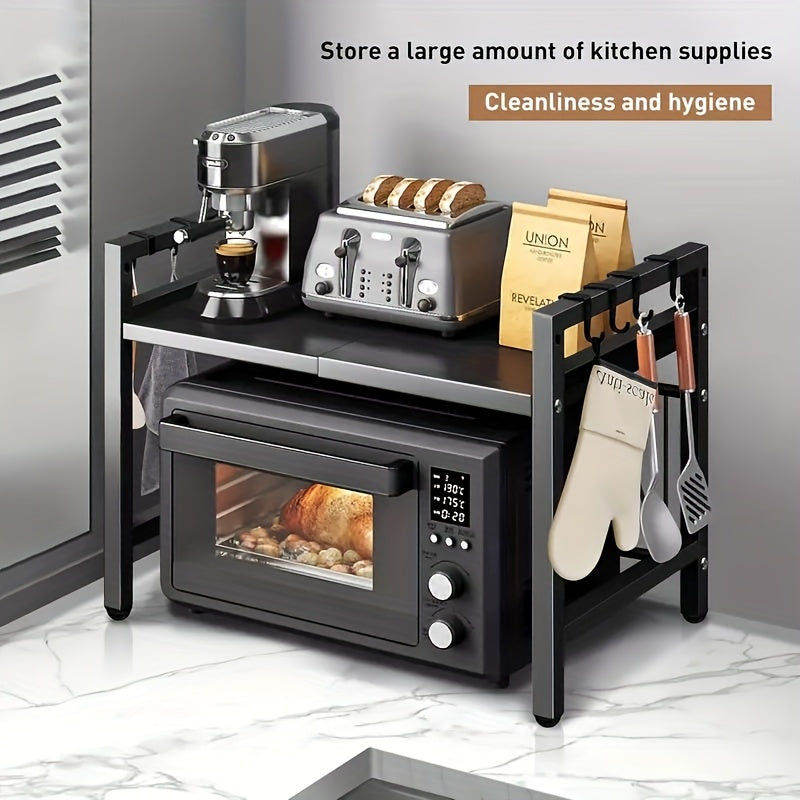 Expandable Microwave Oven Rack Microwave Shelf, Adjustable Width & Height Kitchen Counter Organizer Shelf Stand, Pot Pan Grill Storage Racks, Width 15.75-25.2inch Black